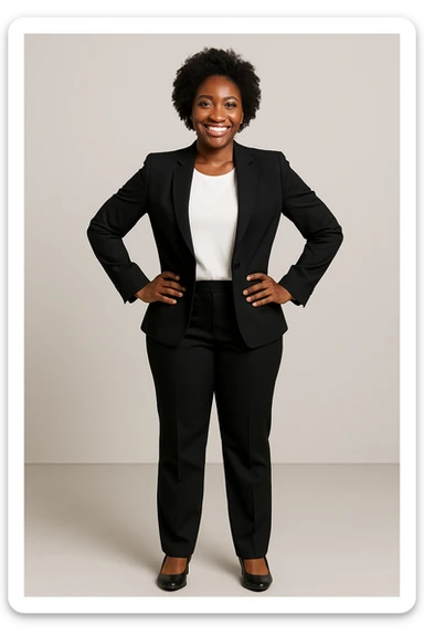 black woman in a smart suit and shoes, smiling, hands on hips, minimal background sticker