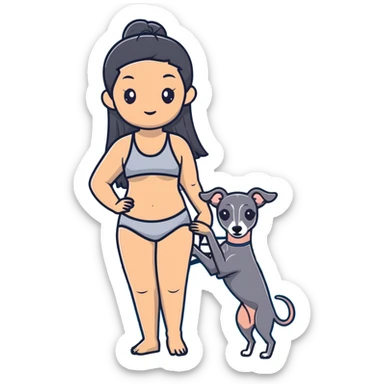 Slim Chinese woman with long black hair in pool attire at an indoor swimming pool with her Italian greyhound that is COMPLETELY and ENTIRELY solid dark grey, with ABSOLUTELY ZERO white markings anywhere on its entire body including face, nose, chest, paws - 100% uniform dark grey color only sticker