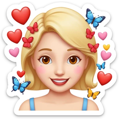 A happy feminine emoji with love and butterflies around her  sticker