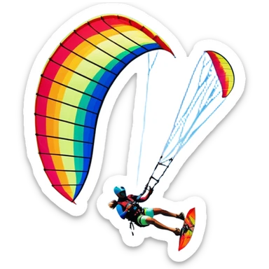 A vibrant kite soaring high in the sky, attached to a kiteboarder riding the waves below. The scene is filled with bright colors, capturing the energy of the sport. The background features the ocean, wind-blown waves, and a clear sky, showcasing the excitement and freedom of kiting. sticker