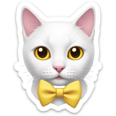 white cat with pink bow and a yellow nose sticker