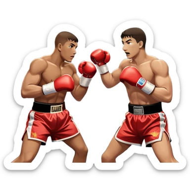  a high-stakes boxing match for the world championship title. Two professional boxers, wearing gloves and championship belts, exchange powerful punches in the center of the ring. The background features a packed arena with bright lights, a roaring crowd, and the championship banner hanging above.  sticker