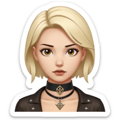 Leather choker with sigil around woman’s neck, pulse visible, dominance tone sticker