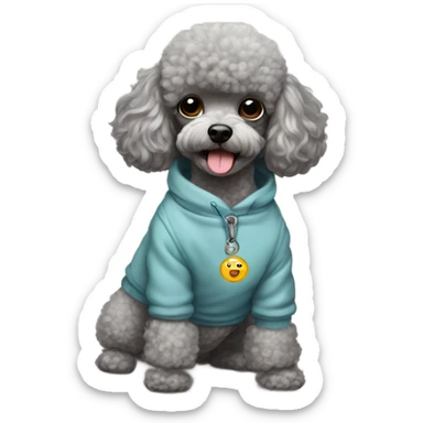 Gray toy poodle with a sweatshirt and the name Louie on his tag sticker