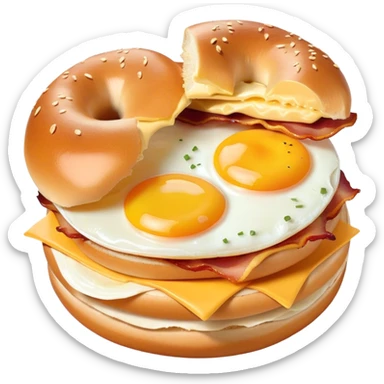 Bacon, egg, and cheese on a bagel in in a bag with a bite take it out sticker