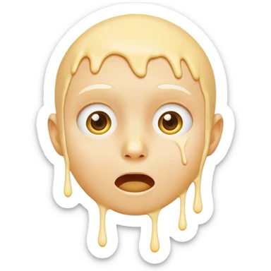 surprised face, classic emoji, 😮, yellow circular, genderless, hairless, white cream dripping from cheeks, white cream in mouth sticker