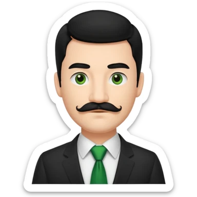 ["Fair-skinned man with black hair and a moustache, wearing a dark suit and green tie."] sticker