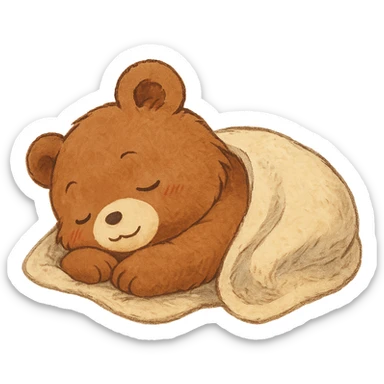 Add a cozy blanket to the anime style cute bear sleeping, keep the background transparent sticker