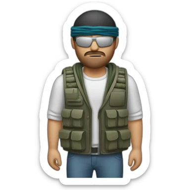 man with shemagh and bulky vest with wires sticking out and a small timer sticker