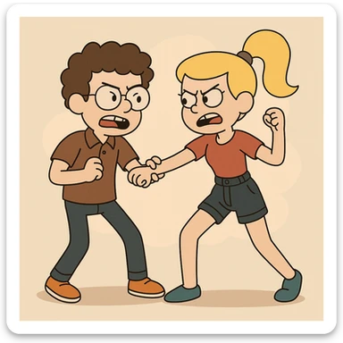 Fighting a boy brown Curly hair circle glasses Royal Pro polo brown jeans orange shoes and a girl Yellow ponytail hair red shirt high waisted dark blue denim shorts blue shoes sticker