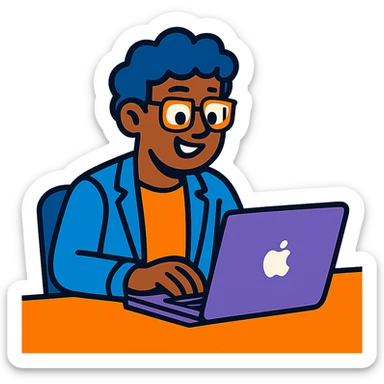 a person sitting in front of a MacBook laptop, typing, office environment, colorful cartoon style, no background sticker