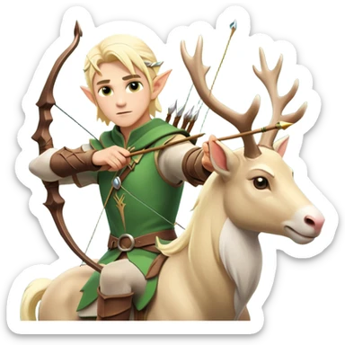 clash-of-clans-aesthetic-blond-male elf-archer-portrait-emoji, rendered in a flat, vector-style with minimal shading and bold holding his bow, simplified shapes, head tilted slightly forward with a determined, focused expression, riding a majestic white stag whose antlers glow with mystical energy, set against an ancient, enchanted forest backdrop. sticker