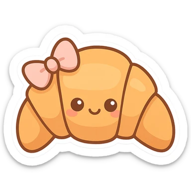 chibi sticker-style croissant with a bow, cute and exaggerated sticker
