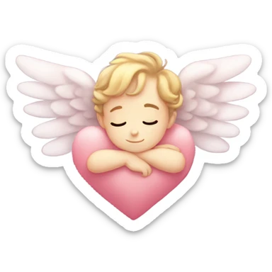 Realistic Photo of pale cupid asleep on a big cushioned heart sticker