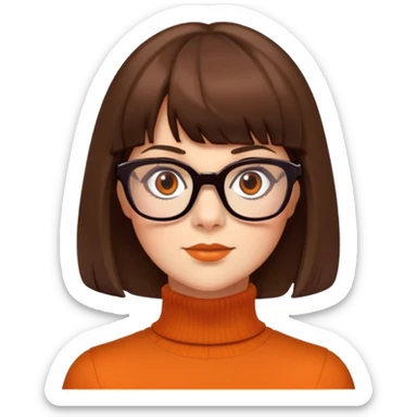 velma dinkley brunette with bangs, brown eyes, square glasses and orange turtle neck from scooby doo  sticker
