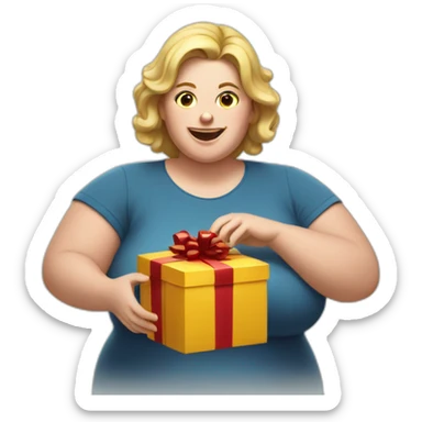overweight white woman opening a gift sticker