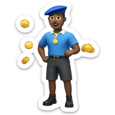 3d rendering man with floating three golden coins, blue beret, blue suitcase, white t-shirt, black eyes, red lip, blue short pants, ivory skin sticker