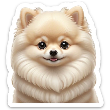 Cinematic Cute Cream Pomeranian Portrait Emoji, Head tilted playfully and inquisitively, featuring a luxurious, fluffy cream Fur with a natural sheen, round, sparkling dark eyes filled with curiosity, Simplified yet irresistibly adorable features, highly detailed, glowing with a warm, friendly glow, high shine, affectionate and lively, stylized with a touch of whimsy, bright and endearing, soft glowing outline, capturing the essence of a mischievous yet loving pup, so playful it feels like it could scamper out of the screen and into your arms! sticker