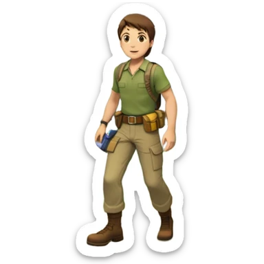 an adventure game, inspired by Uncharted-2. The design features a rugged explorer navigating through ancient ruins, with treasure and obstacles in the background. A dynamic environment with jungle, cliffs, and puzzles highlights the thrill of discovery and action. Transparent background. sticker