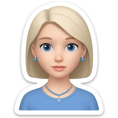 Remove the flower from the hair of a beautiful girl with straight medium-short length light ashy blonde hair, light grayish-blue eyes, pale pink-neutral toned skin, wearing a cornflower blue blouse and silver jewelry. Keep the rest of the emoji the same with no background. The style should match the original emoji's look. sticker