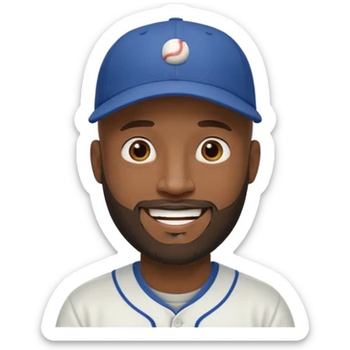 Man with bald head and beard and slightly dark skin wearing a baseball cap sticker