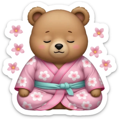 A cute chubby light-brown bear wearing a pastel pink sakura-patterned kimono, body and round head, adorable simple face, sleepy half-closed eyes, small blush on cheeks, sitting while dozing off, tiny “zzz” floating above the head sticker