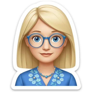 50 yr old white woman, hippie parted very long hair, short bangs, very long straight blond hair, oval face, small smile, blue eyes, thin face, hair downback, hair parted at center of head, round cheeks, pale, longer hair, business dress, long hair, big square glasses sticker