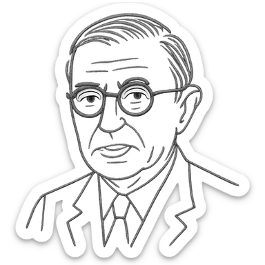 a hand drawn black outline portrait of Jean-Paul Sartre with similar-sized eyes based a famous portrait of him sticker