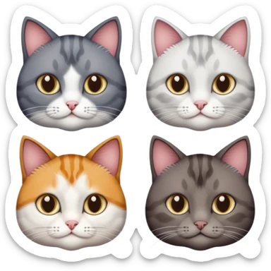 4 different coloured short haired cats including; a dark brown tabby and white cat, and a dark grey and white  sticker