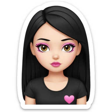 a pretty bratz girl with straight black hair wearing a black tshirt, eyeliner, side part. waist up sticker