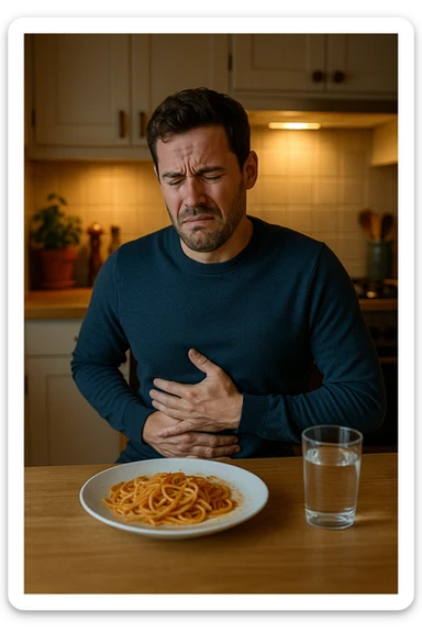 a man sits at a dining table, looking uncomfortable and holding his stomach after eating a plate of pasta. His expression shows mild pain or bloating. On the table, there’s a half-eaten plate of spaghetti, and a glass of water. The background is a cozy kitchen, but the focus is on the man’s discomfort.
 sticker