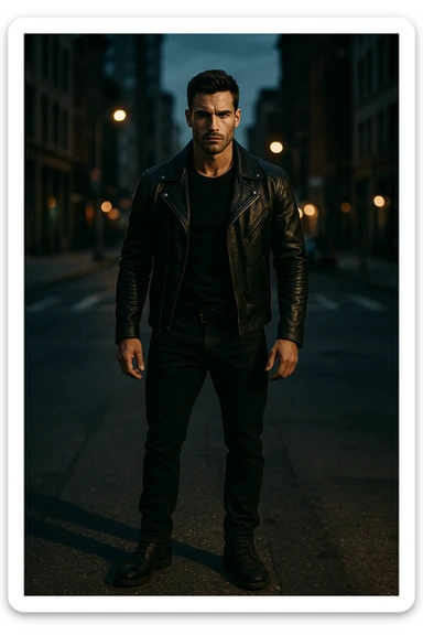 A confident, strong man standing in the middle of a city street at dusk, wearing a black leather jacket and boots, sharp jawline, intense gaze. Radiating masculine energy. Cinematic lighting, moody urban background, dramatic shadows, shallow depth of field. 35mm film style sticker