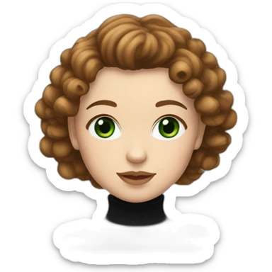 white girl with green eyes and curly brown mullet wearing a black turtleneck with heart eyes sticker