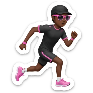 Un uomo che corre vestito completamente di nero, con un cappellino nero, occhiali da sole da bambino rosa sticker