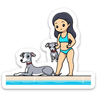 Slim Chinese woman with long black hair in appropriate pool attire at an indoor swimming pool with her Italian greyhound that is COMPLETELY solid grey, with absolutely NO white markings anywhere, single uniform grey color throughout entire dog body sticker