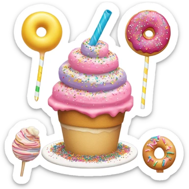 a birthday funfetti cake shake topped with a sprinkle donut hole, sprinkle sugar cookie, and swirl lollipop sticker