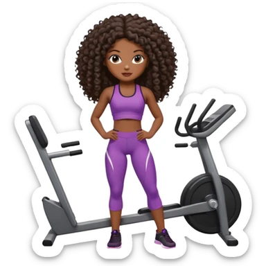 Uma boneca morena escura com olhos castanhos e cabelo cacheado longo até o peito, treinando Gym malhando sticker