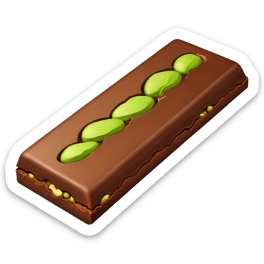 a half-eaten chocolate bar. chocolate filling - pistachio paste green sticker