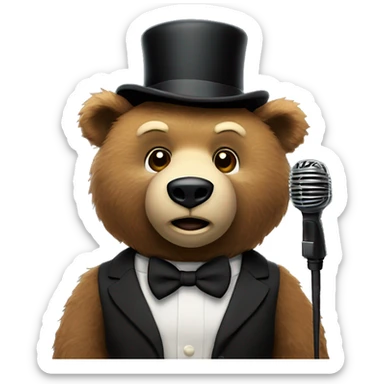 Brown bear animatronic with light brown snout with a black bow tie and a black top hat holding a microphone  sticker