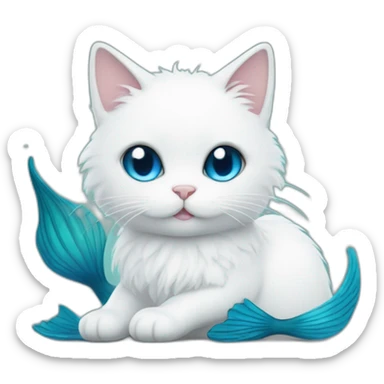 white fluffy cat with big blue mermaid fish tail sticker