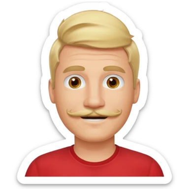 blond hair man smile warmly with mustache red shirt sticker