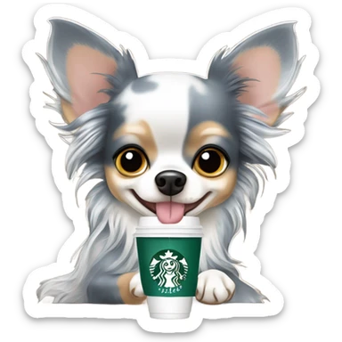 Blue dapple Merle long hair chihuahua drinking Starbucks  sticker