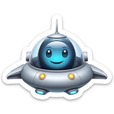 Design a simple, friendly spaceship with a smooth, rounded shape. Add a clear 'face' on the front using glowing lights for eyes and a curved line for a smile, giving it personality. Use a plain background to keep the focus on the ship. sticker