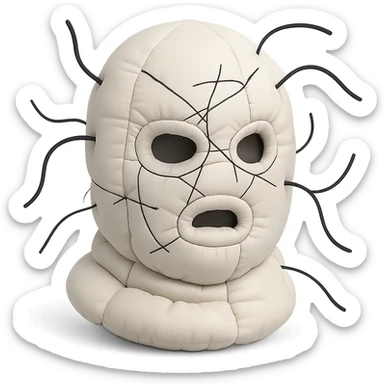 The mask is a full-head, white knitted balaclava with a tight ribbed texture. It features two asymmetrical eye openings and a partially exposed mouth area. Black thread is stitched across the surface in chaotic, abstract lines that trace facial features, giving a hand-drawn effect. Several black cords extend outward from the mask, varying in length and direction, adding a sculptural, almost organic appearance. The overall look is bold, handcrafted, and visually striking. sticker