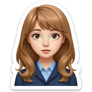 24세 광고홍보전공하는 대학생 여자, 앞머리가 있는 회갈색의 긴 웨이브 머리, 같은 회갈색 컬러의 눈썹,  큰 눈에 아이라인이 그려져있고 동그란 코에 적당한 입술 두깨, 시크한 표정 sticker