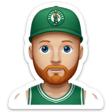 Bald white man with ginger beard, blue eyes in Tatum Boston Celtics basketball jersey. Show front of basketball Jersey and Boston Celtics basketball logo on cap sticker