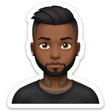 đàn ông 30 tuổi, da đen, tóc undercut ngắn đen, có hình xăm trên mặt, áo đen sticker