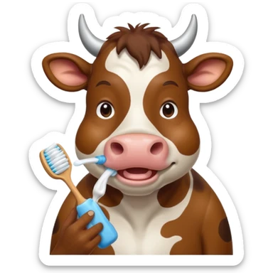 A cow brushing its teeth, looking sleepy and drowsy, portrait, bust up sticker