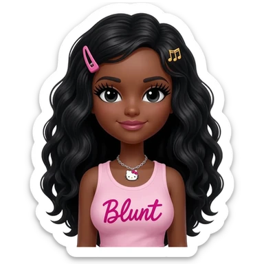 Long giant lashes, my melody hairclip, Doll faced shaped, hello kitty necklace, bimbo, black doll eyes, barbie, dark brown skin with long curls black hair, light pink bimbo sleeveless shirt says "blunt" , big breast sticker
