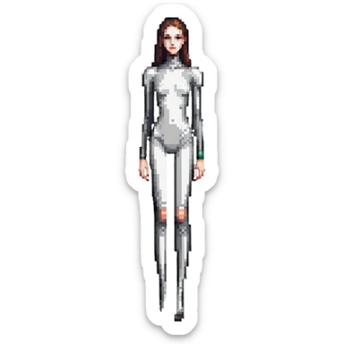 Tall slender woman with elongated arms and legs, sharp angular facial features with high cheekbones and defined jawline sticker